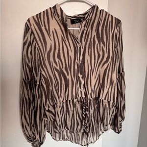 VICI Chiffon Zebra Print Collared Blouse Beige Brown Balloon Sleeve Button S